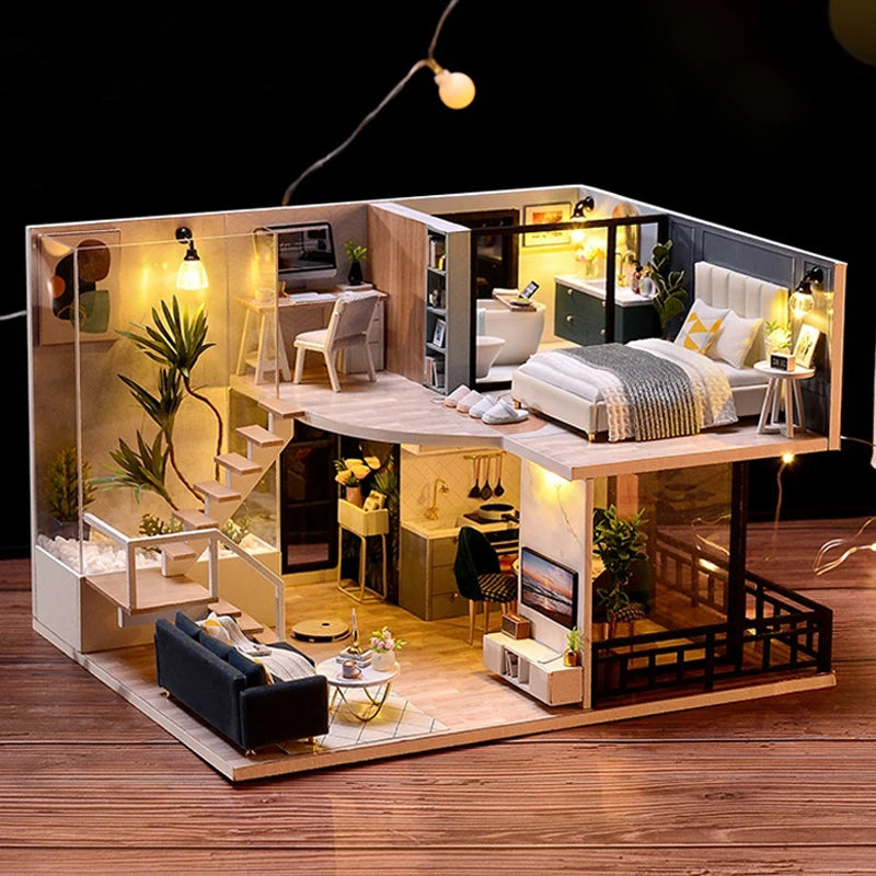 3D Wooden Mini Dollhouse Kit - DIY Duplex Apartment with Furniture