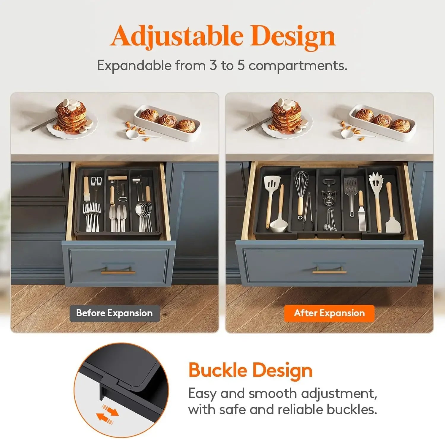 Adjustable Kitchen Utensil Tray - Expandable Silverware Organizer