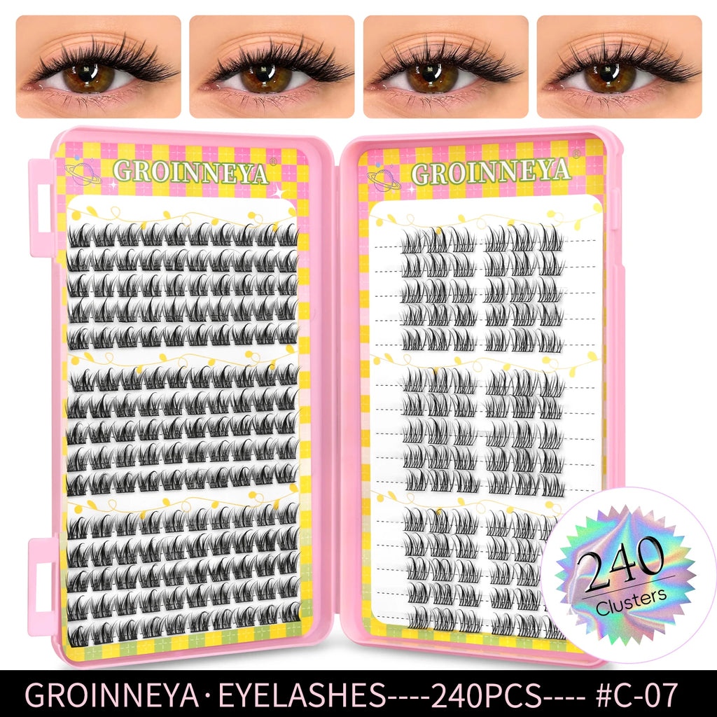 GROINNEYA Natural Cluster Lashes - 320 Pcs Volume Mixed Tray