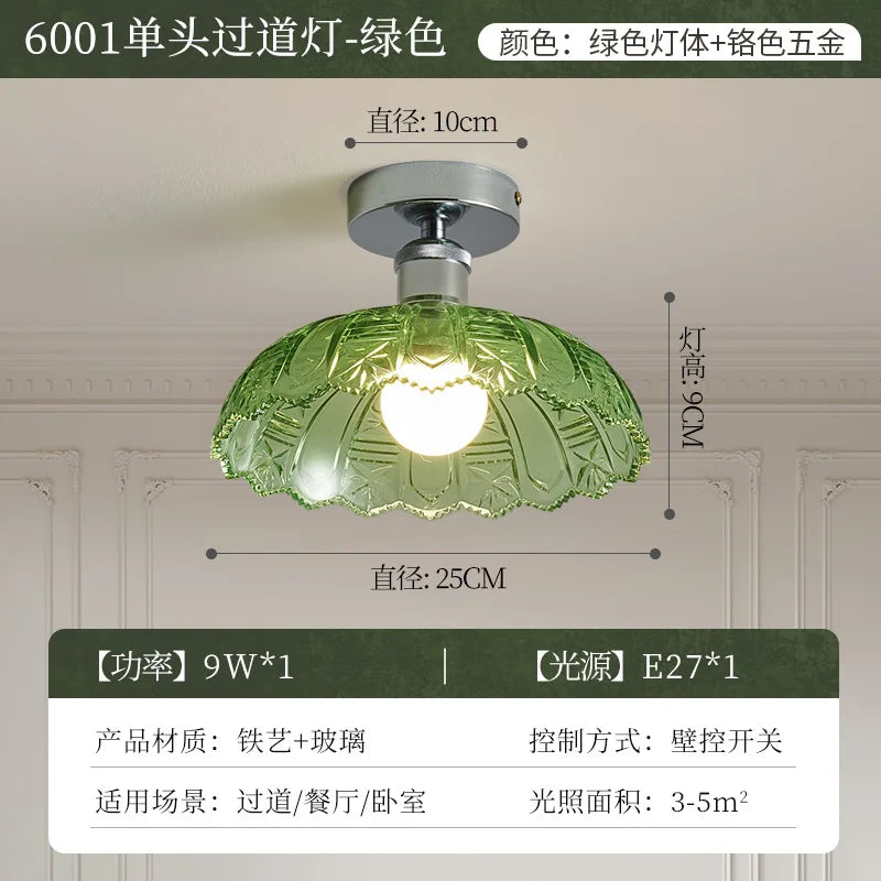 Vintage Green Glass LED Pendant Light - Adjustable Floral Design