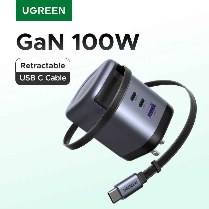 UGREEN 100W GaN Fast Charger with Retractable Cable - Ultra-Fast Charging