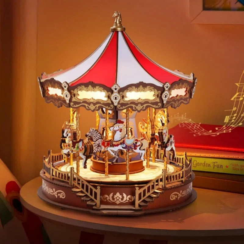 Robotime 3D Wooden Carousel Music Box with LED Lights - Fun Gift Idea