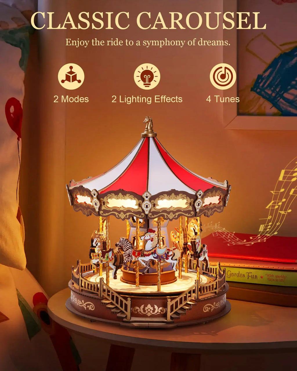 Robotime Classic Carousel Music Box - Easy Assemble 3D Wooden Puzzle