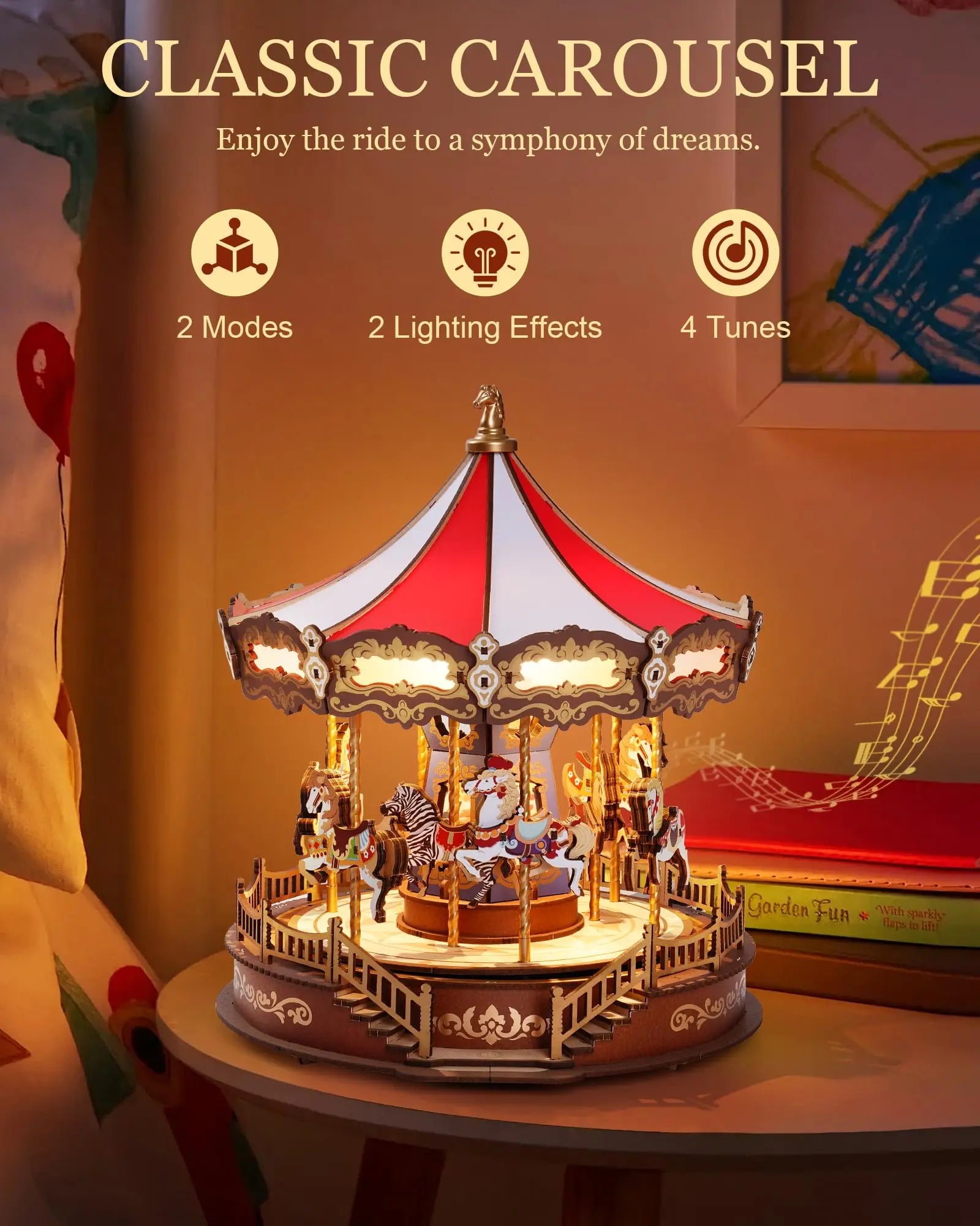 Robotime Classic Carousel Music Box - Easy Assemble 3D Wooden Puzzle