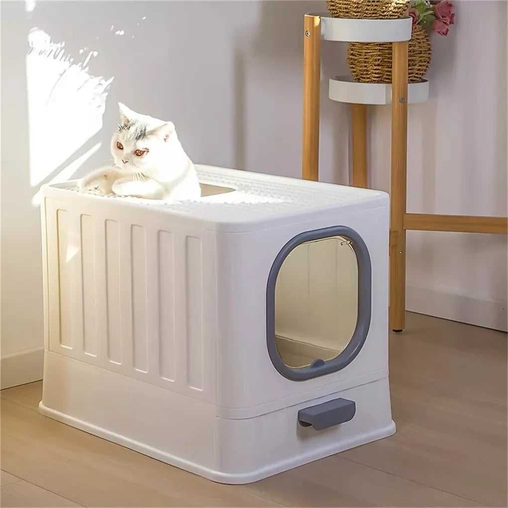 Leak-Proof Cat Litter Box with Pull Drawer & Scoop - Anti-Splash Design