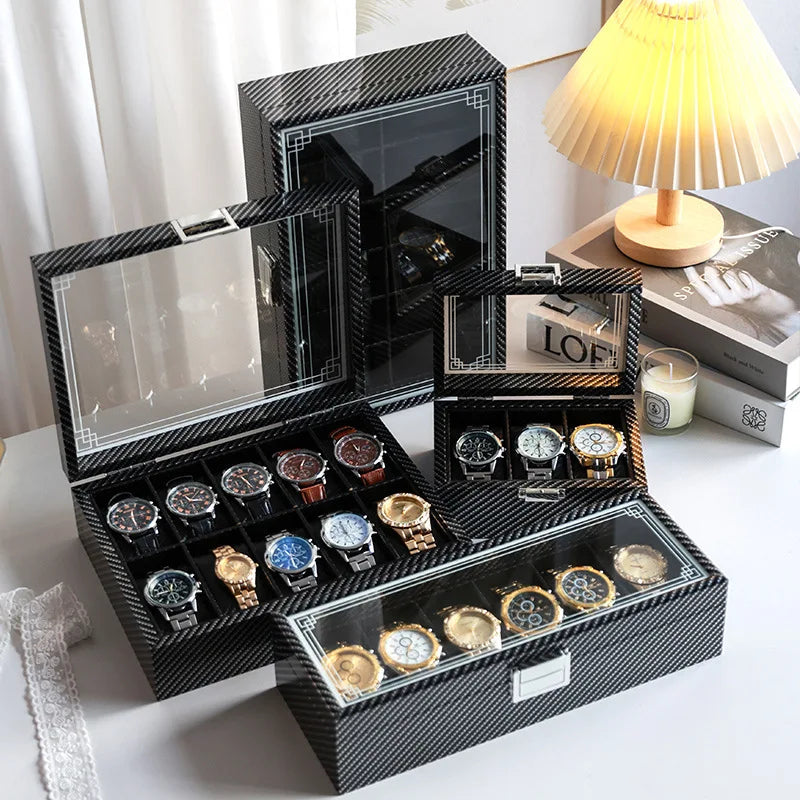 High-Gloss Carbon Fiber Watch Storage Box - Elegant Watch Organizer