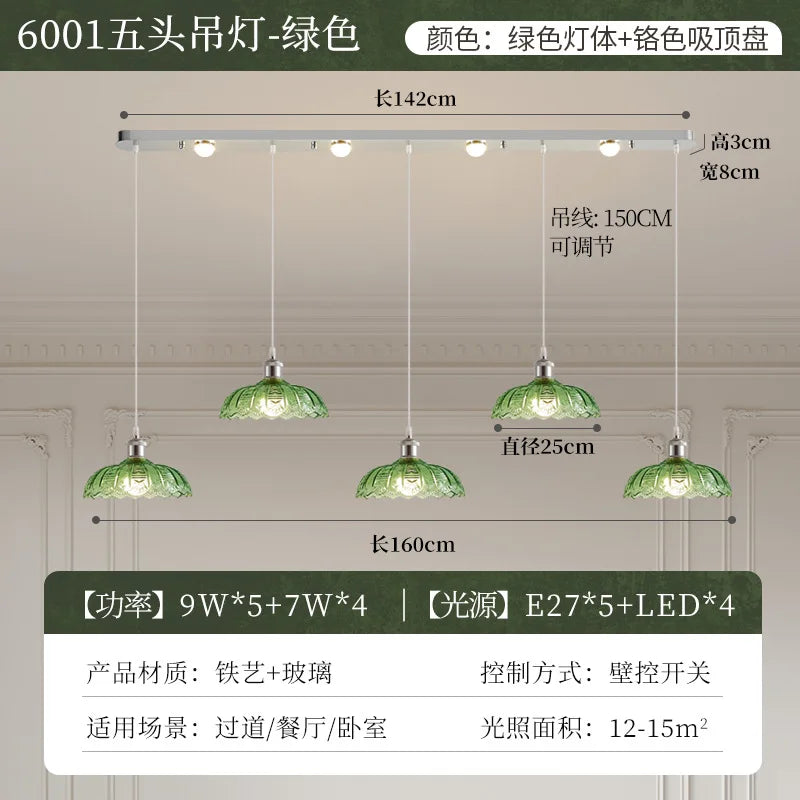 Vintage Green Glass LED Pendant Light - Adjustable Floral Design