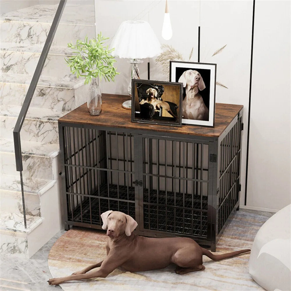 Elevated Wooden Dog Crate & End Table with Removable Tray - Stylish Kennel