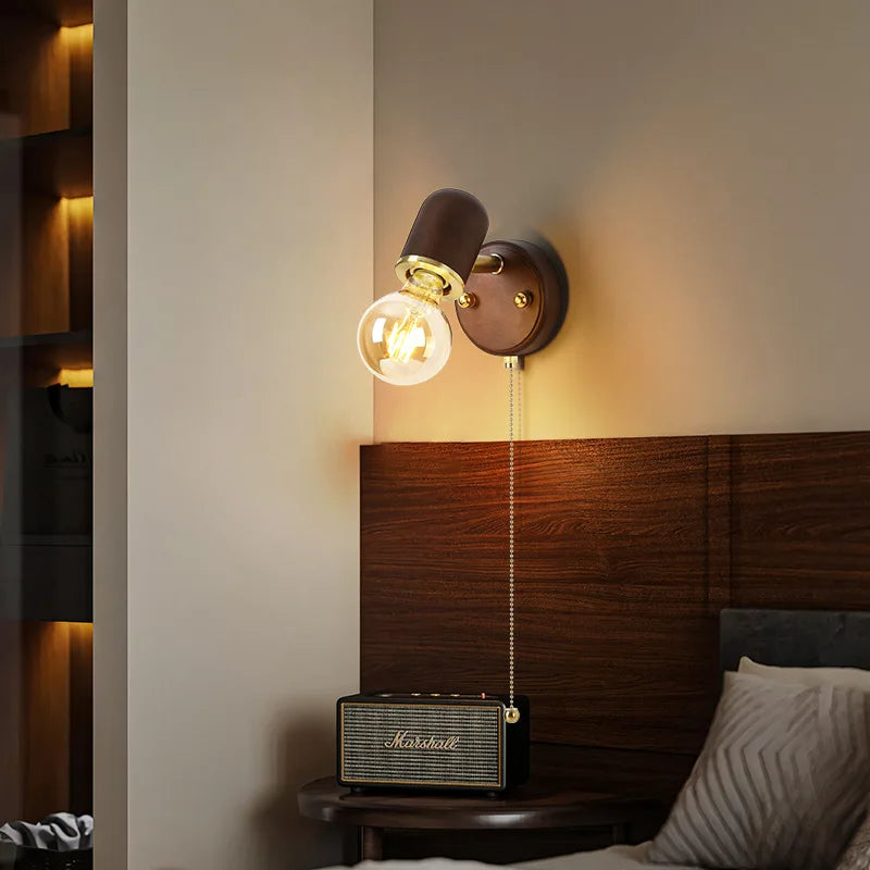 Stylish Retro Walnut LED Wall Lamp with Switch for Bedrooms & Aisles