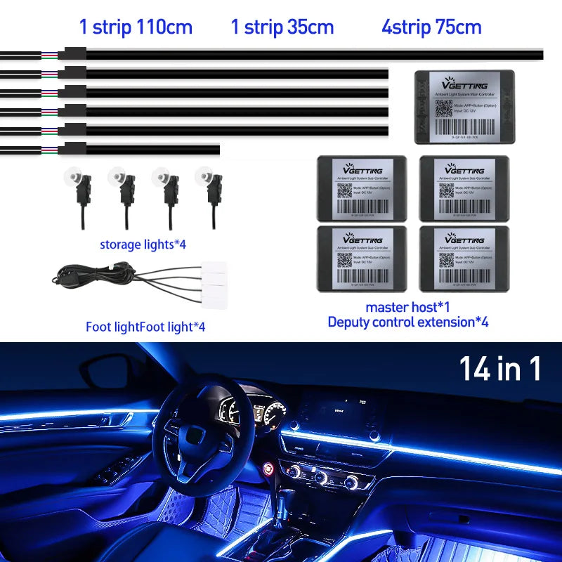 RGB LED Car Ambient Lights - 64 Color Customizable Symphony Lamp