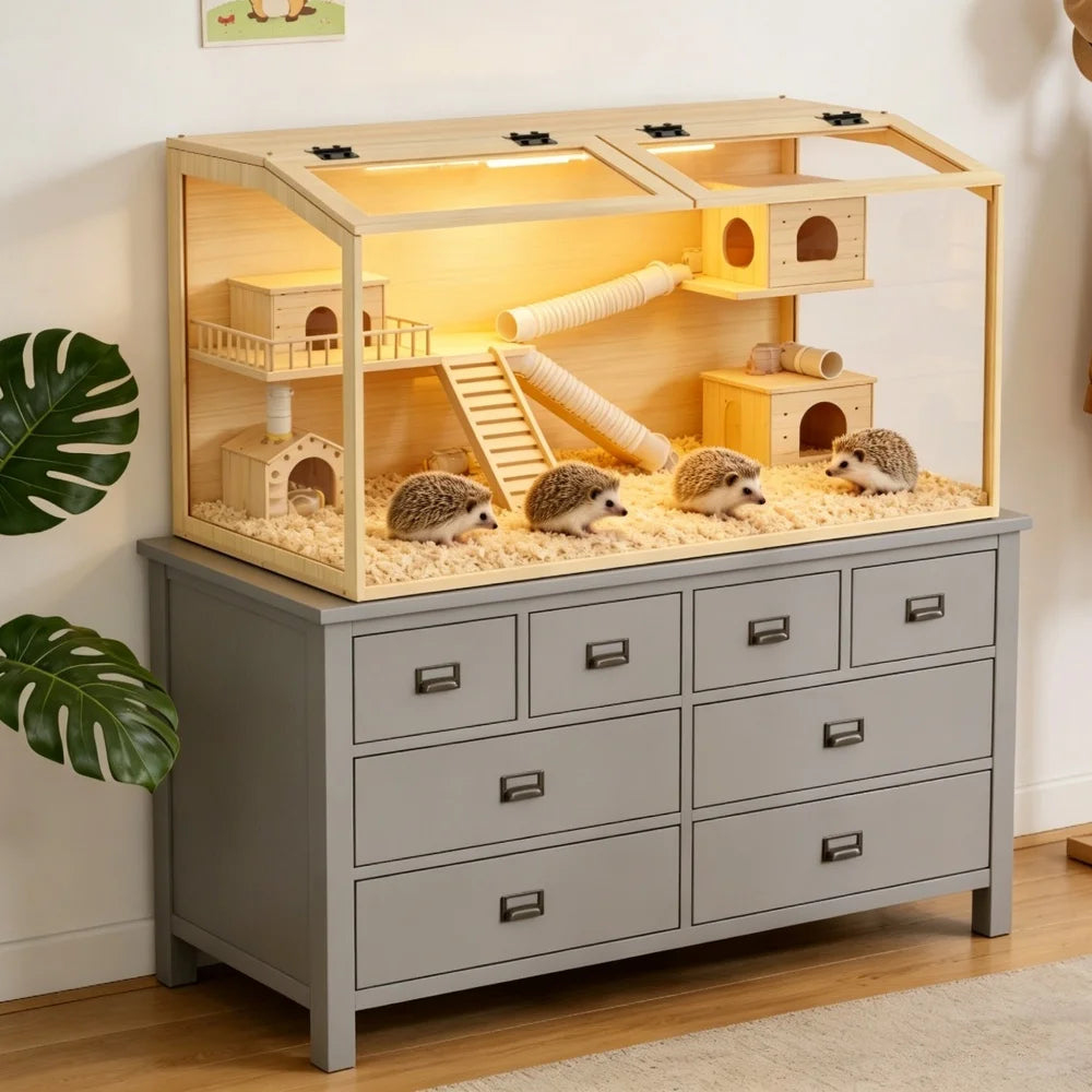 Large Wooden Hamster Cage with LED Light - Safe & Chew-Proof Habitat