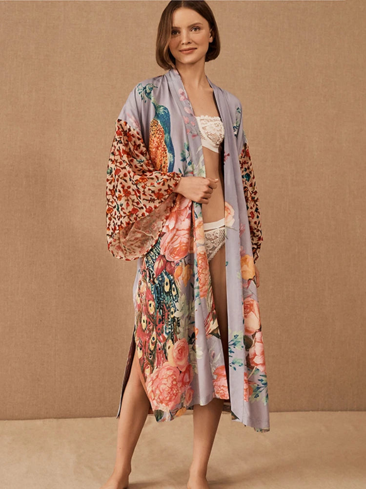 Stylish Peacock Printed Beach Kimono - Women's Swimsuit Cover Up