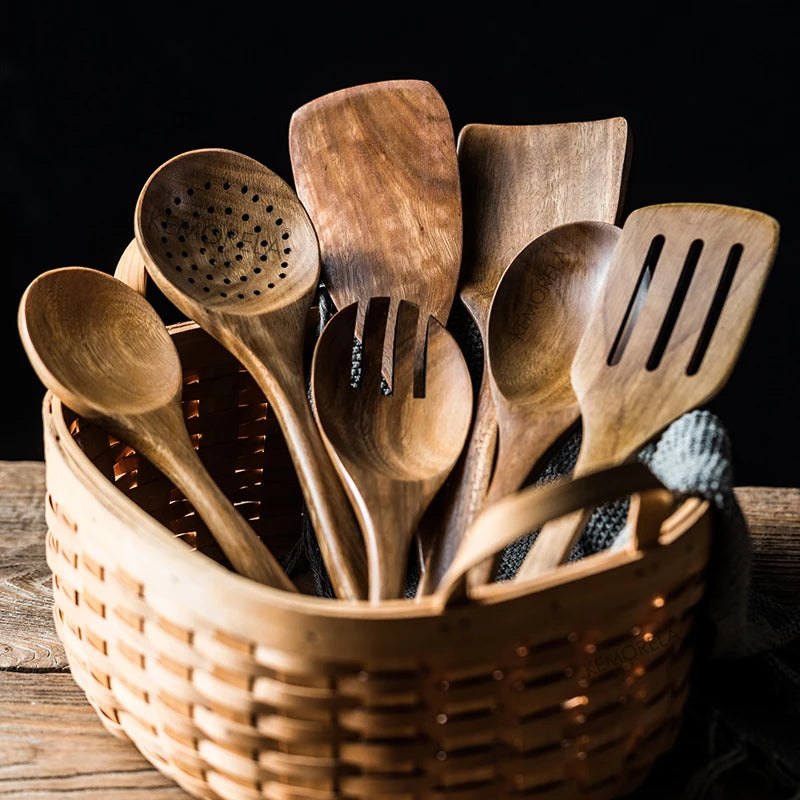 9-Piece Teak Wooden Cooking Spoon Set with Holder - Eco-Friendly Utensils