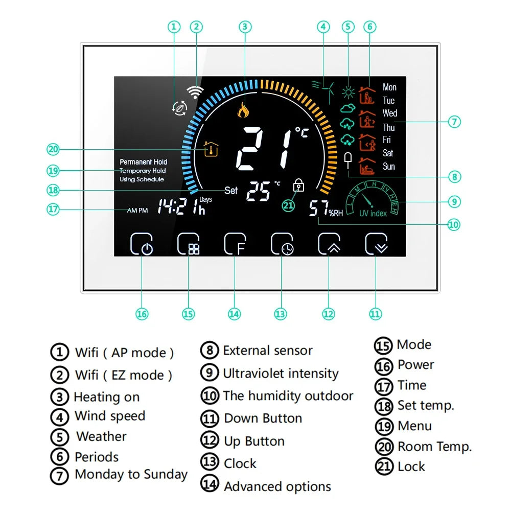 Tuya Smart Wi-Fi Thermostat with Colorful LCD Touch Control
