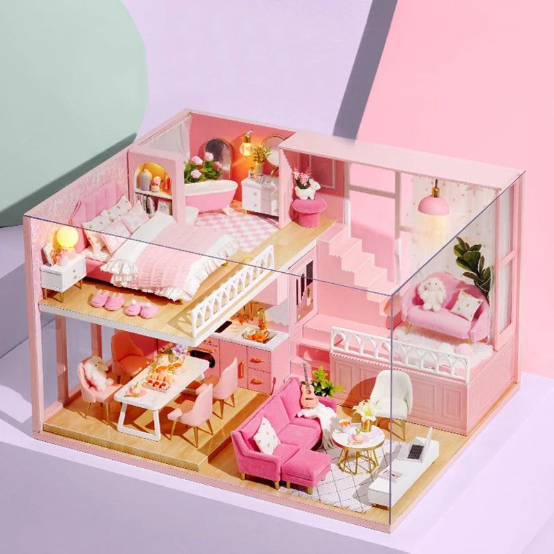 3D Wooden Mini Dollhouse Kit - DIY Duplex Apartment with Furniture