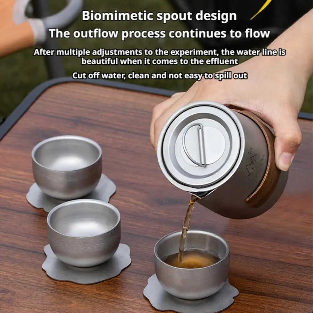 Lightweight Titanium Camping Tea Set with 3 Cups & Storage Bag