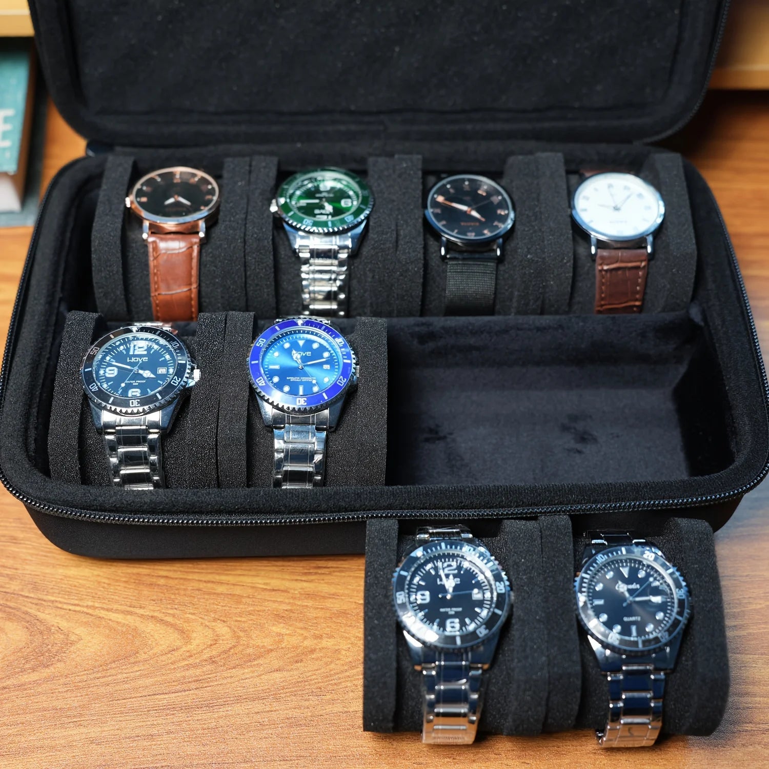 Elegant 8-Slot Watch Box - Premium Travel Case with Foam Padding