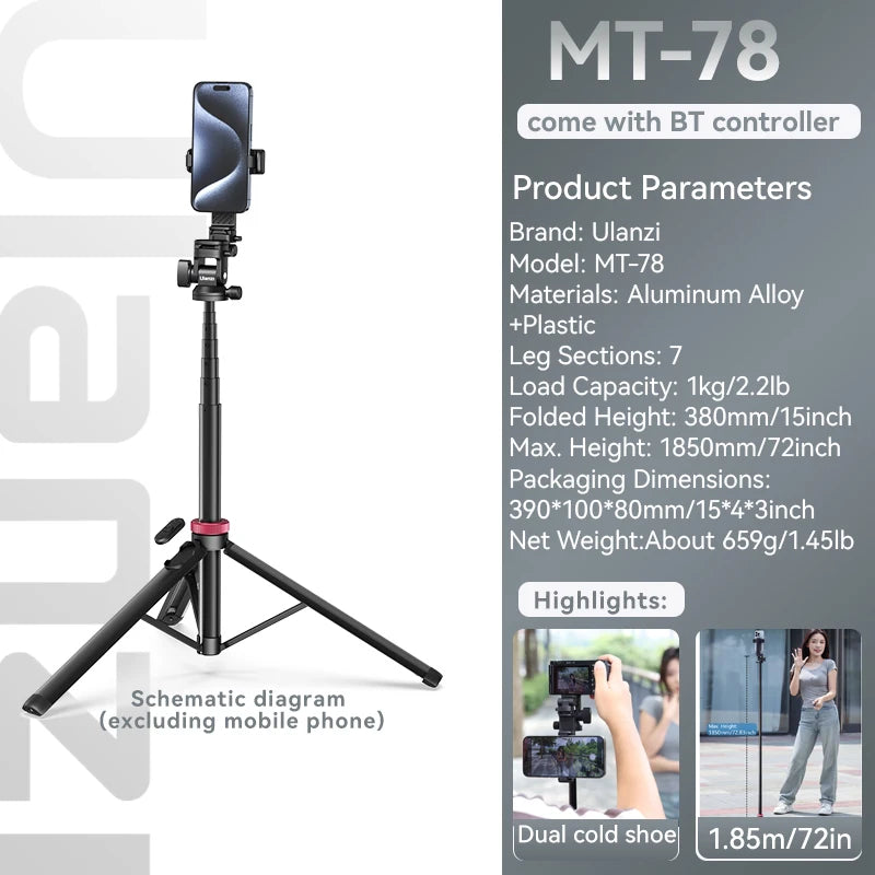 Ulanzi MT-78 Tripod & Selfie Stick with Dual Cold Shoe Mount