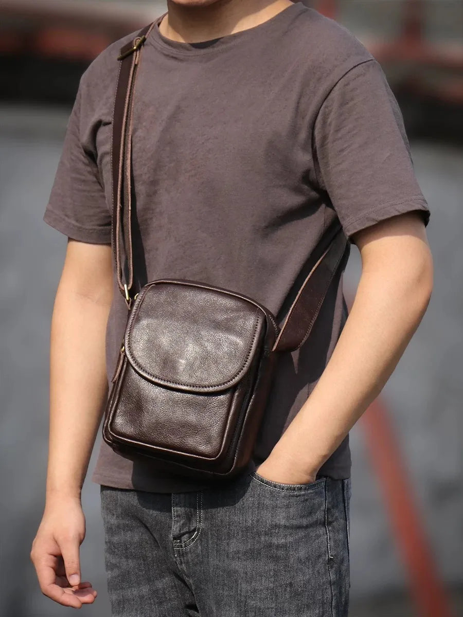 Top Grain Leather Sling Bag for Men - Vintage Crossbody Phone Carrier