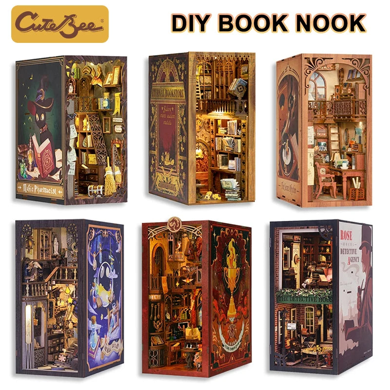 CUTEBEE LED Book Nook Dollhouse Kit with Dust Cover for DIY Enthusiasts