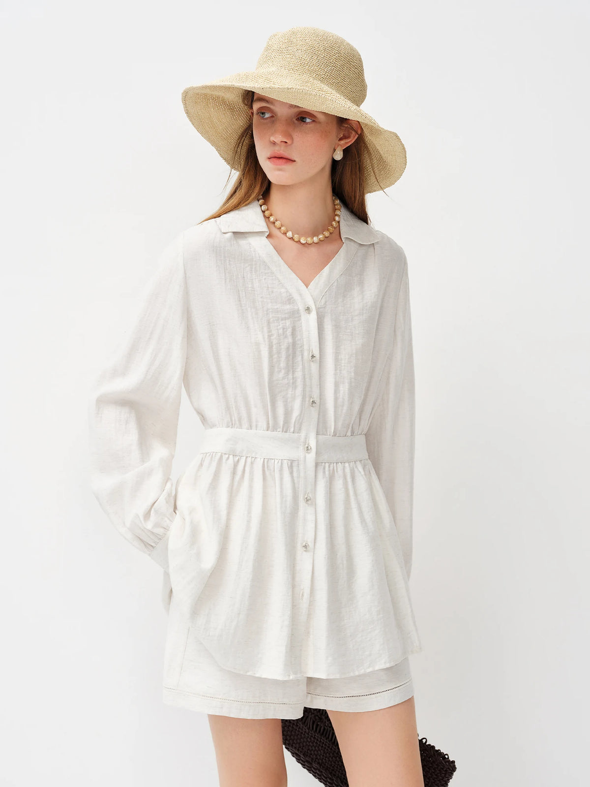 FANSILANEN Spring Women's Aesthetic Linen Shirt & Shorts Set