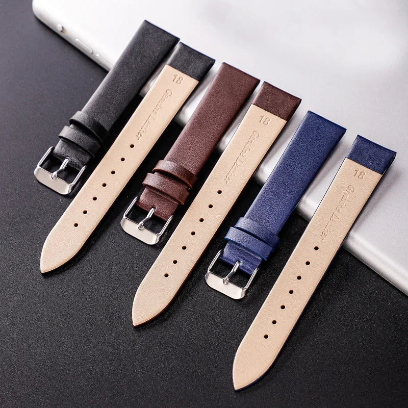 Stylish Leather Watch Strap 12-22mm with Stainless Steel Buckle