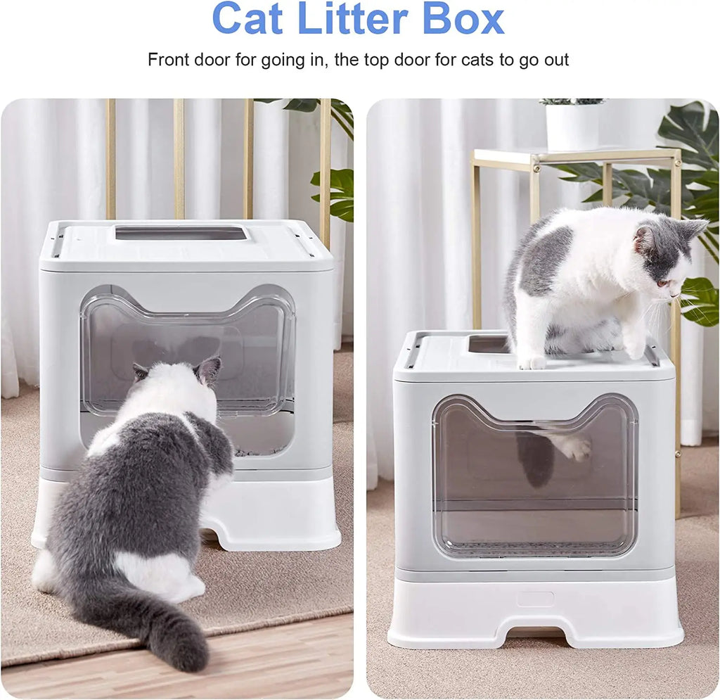 Extra Large Foldable Hooded Cat Litter Tray with Scoop - Easy Clean