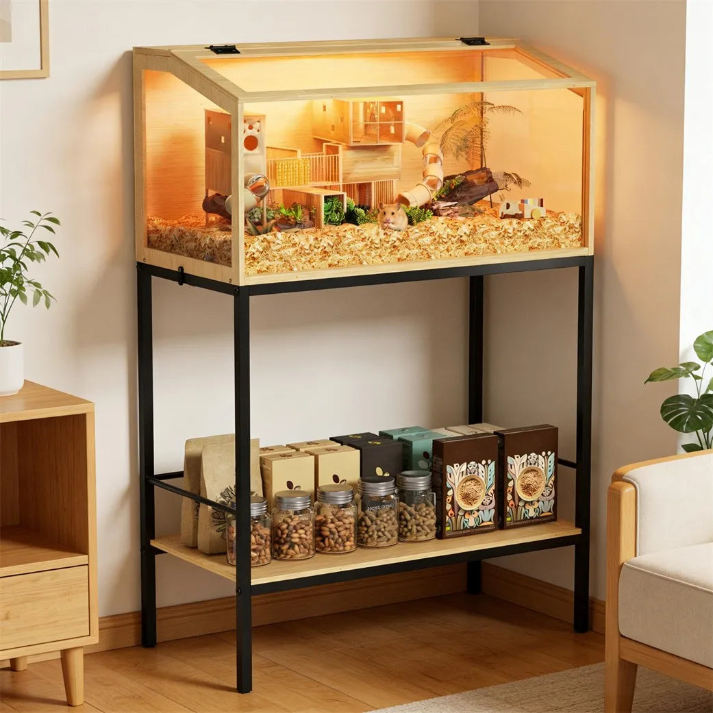 Large Elevated Wooden Hamster Cage with LED Light & Storage Shelf