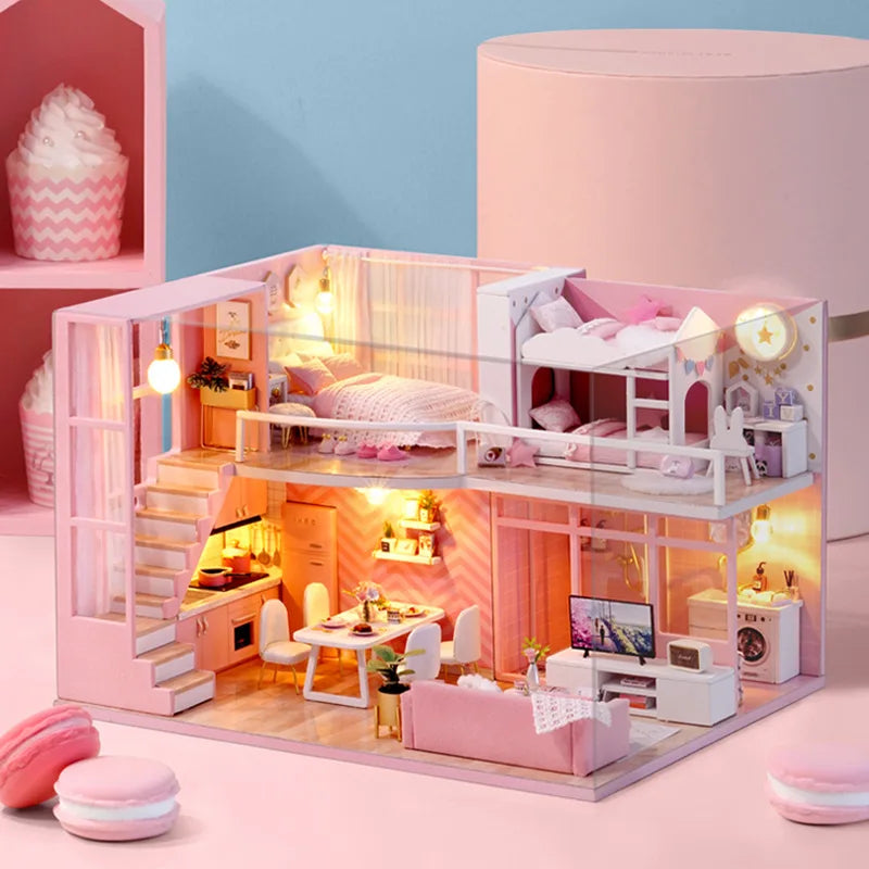 3D Wooden Mini Dollhouse Kit - DIY Duplex Apartment with Furniture