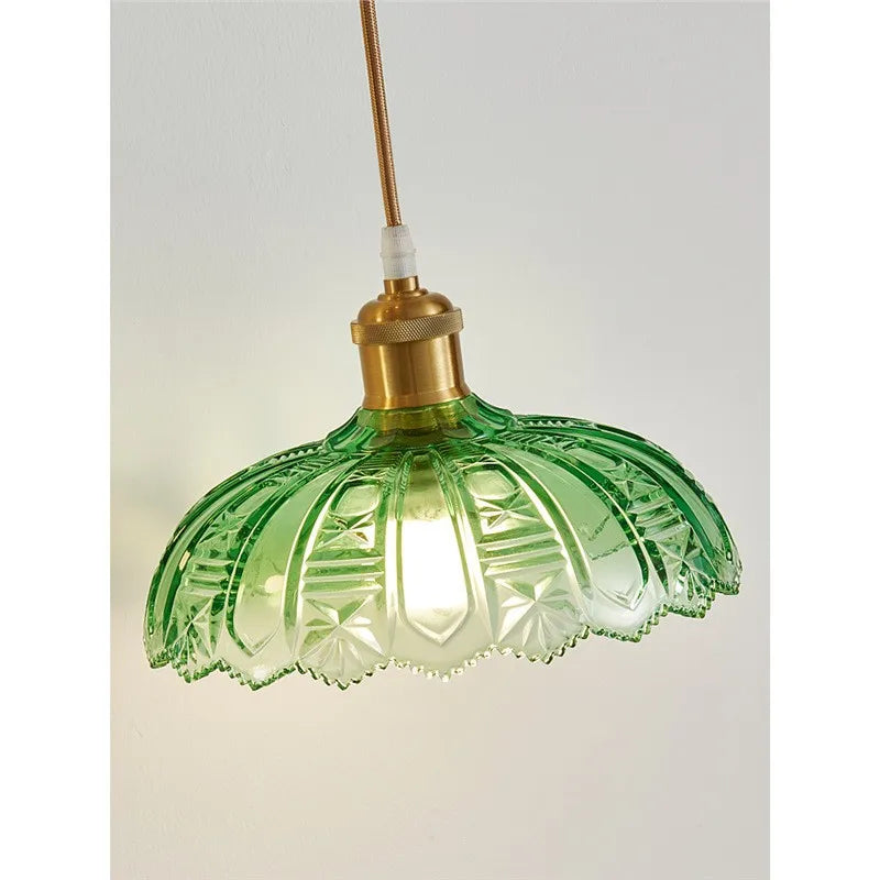 Vintage Green Glass LED Pendant Light - Adjustable Floral Design