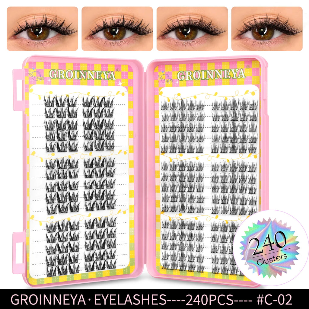 GROINNEYA Natural Cluster Lashes - 320 Pcs Volume Mixed Tray