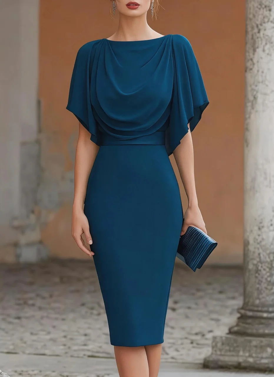 Elegant Women's Midi Dress with Cowl Neck & Draped Cape - Perfect for Parties