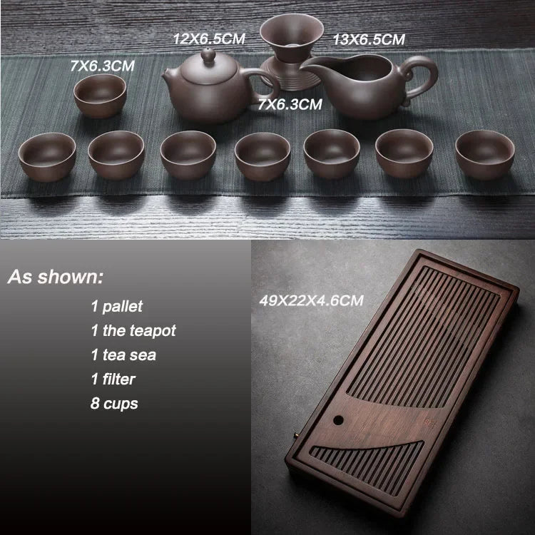 VINRITO Yixing Ceramic Kung Fu Tea Set with Solid Wood Tea Tray - 27 Pieces