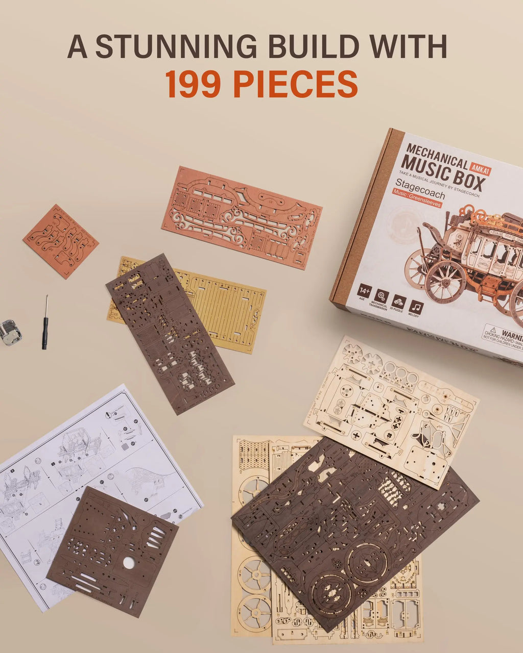 Robotime Stagecoach Music Box 3D Wooden Puzzle - Unique Gift & Hobby