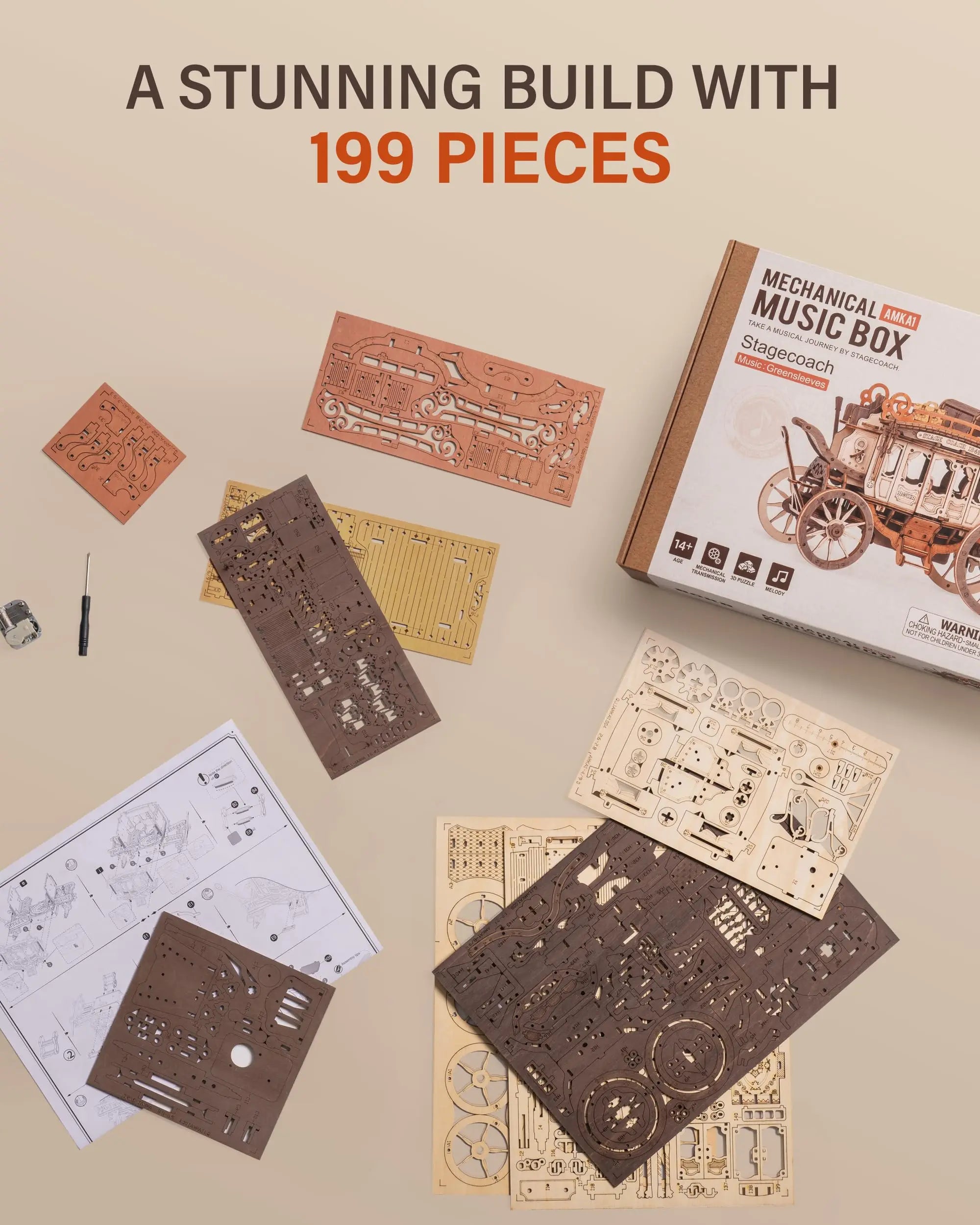 Robotime Stagecoach Music Box 3D Wooden Puzzle - Unique Gift & Hobby