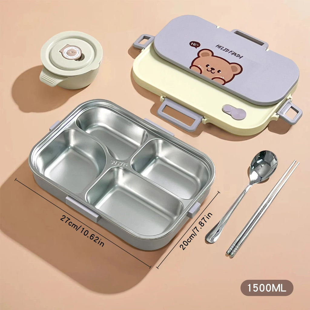 1500ml Stainless Steel Lunch Box with Cutlery & Bowl - Large Capacity