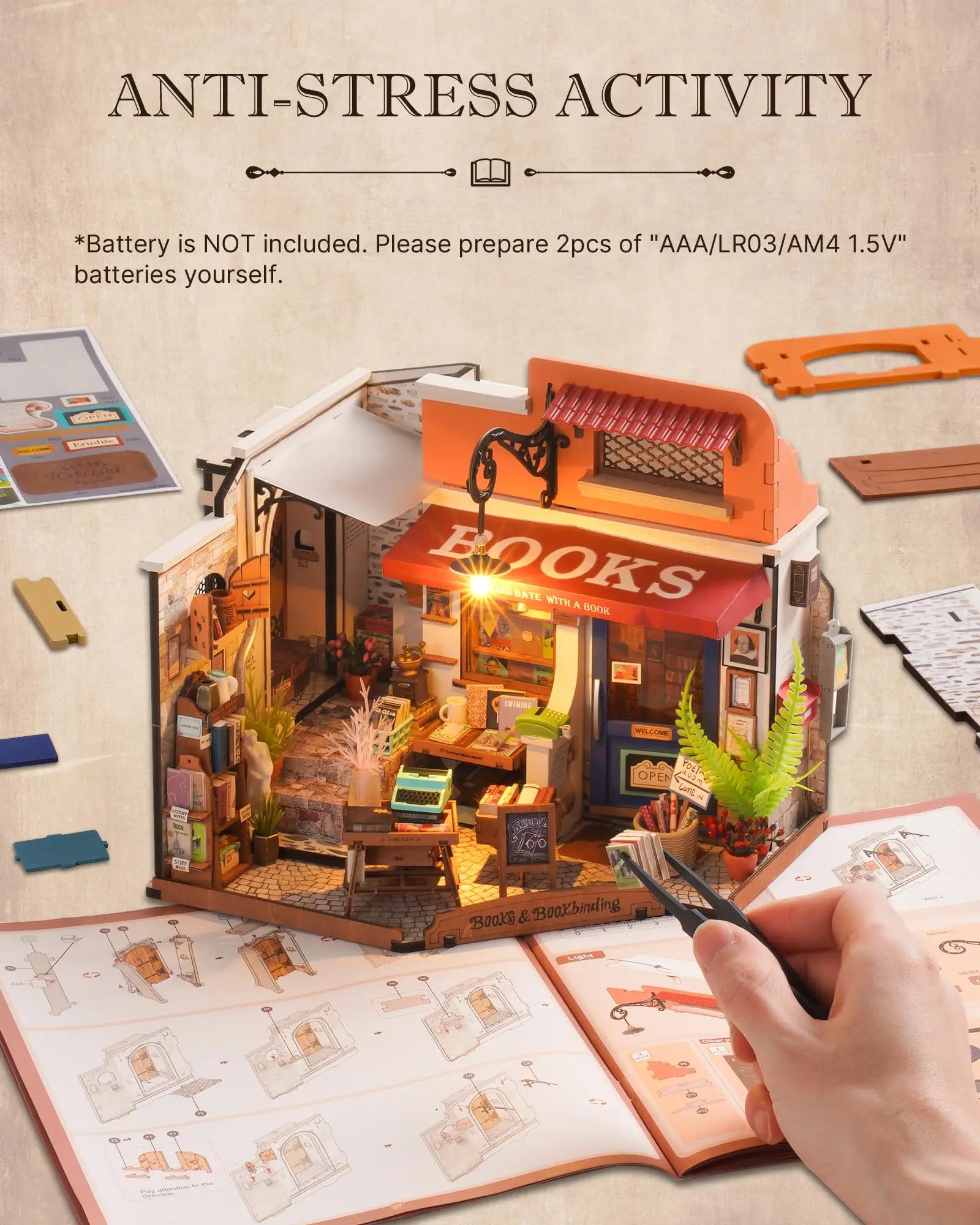 Robotime Rolife Miniature Corner Bookstore DIY Kit with LED Lights