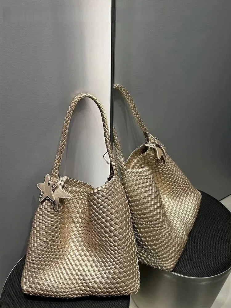 Trendy Champagne Gold Woven Tote Bag for Women - Extra Large & Durable