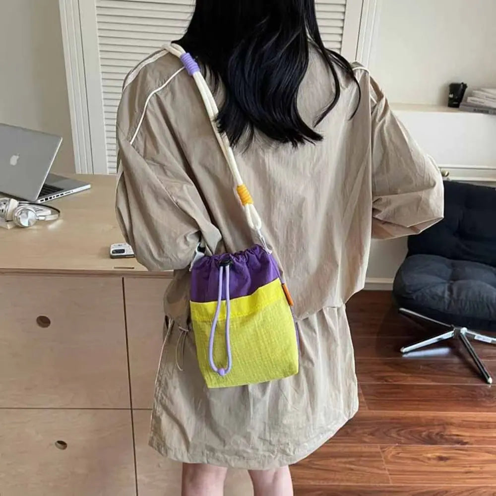 Portable Nylon Drawstring Bucket Bag with Shoulder Strap