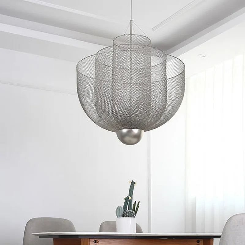 Modern Iron LED Pendant Lamp - Dimmable Mesh Light for Dining & Bedroom
