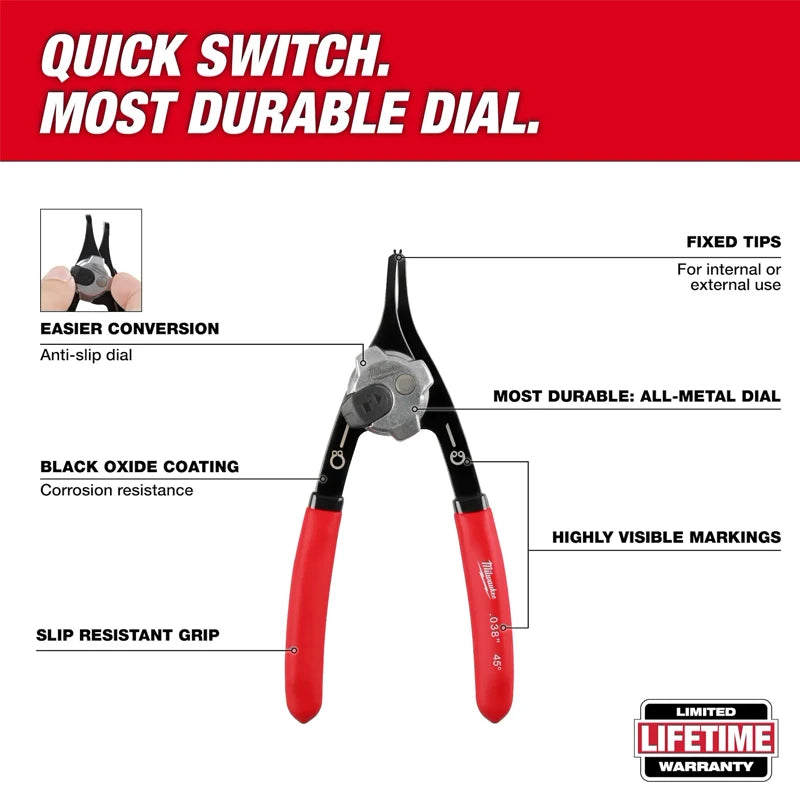 Milwaukee Convertible Snap Ring Pliers - 6-inch 90°/18° Precision Tool
