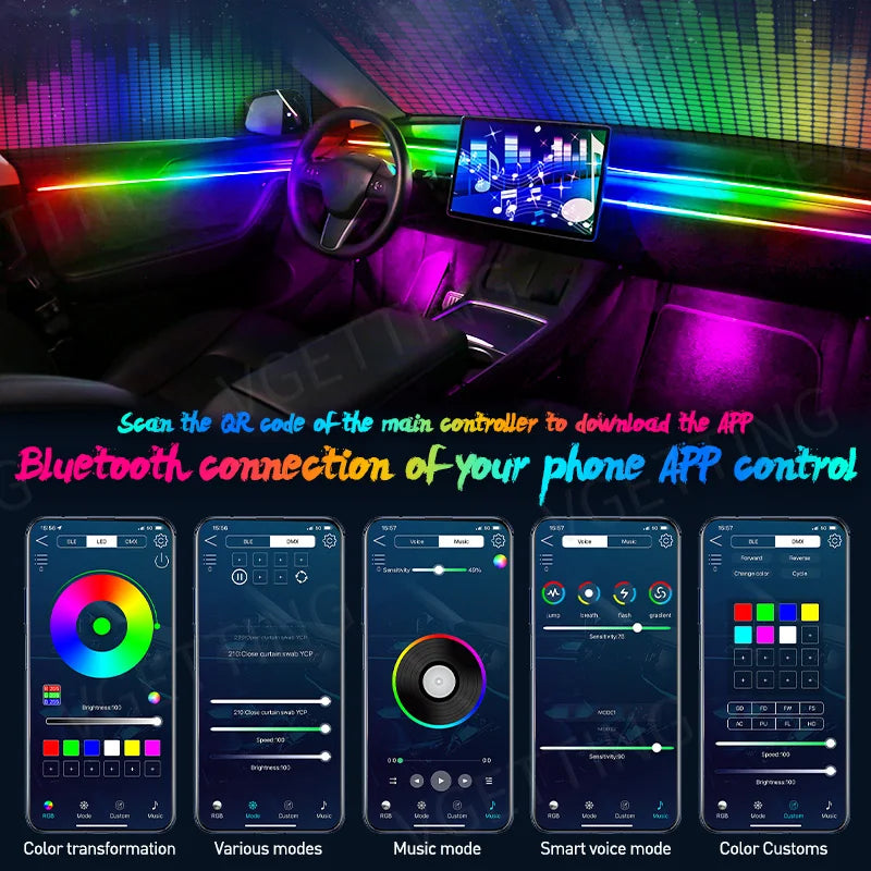 RGB LED Car Ambient Lights - 64 Color Customizable Symphony Lamp