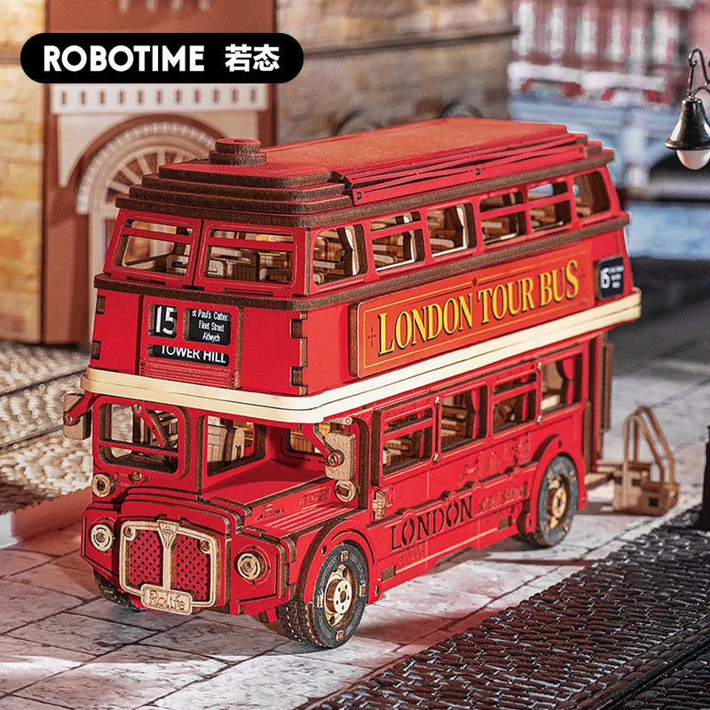 Robotime London Tour Bus 3D Wooden Puzzle – Fun Building Kit for Ages 14+
