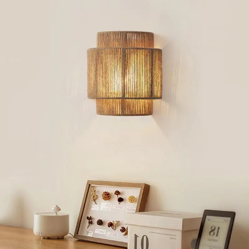 Elegant Japanese Woven Rattan Wall Lamp - E27 Stylish Lighting