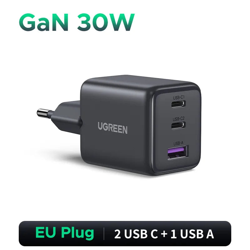 UGREEN 30W GaN USB-C Charger - Fast 3-Port Portable Charging