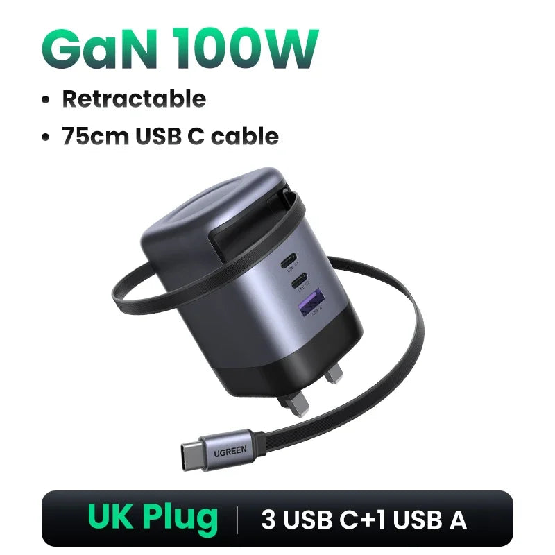 UGREEN 100W GaN Fast Charger with Retractable Cable for All Devices