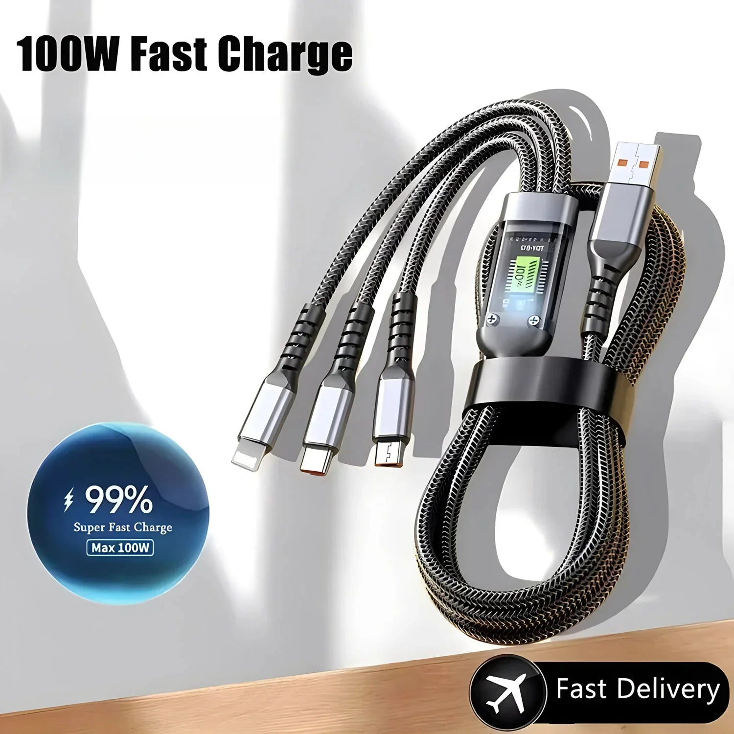 100W 3-in-1 Fast Charging Cable: USB Type-C & Micro for All Devices