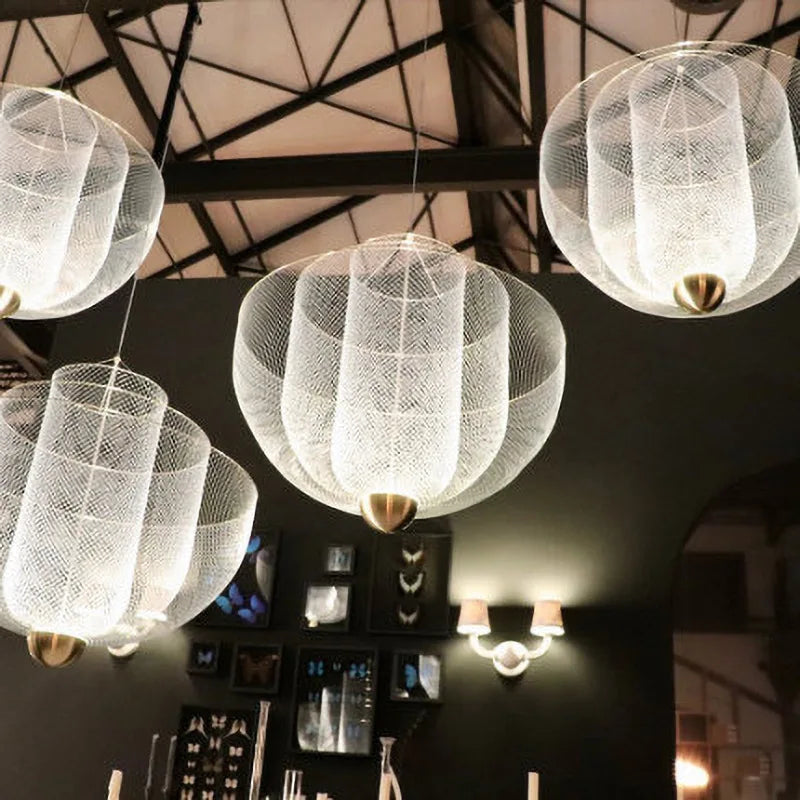 Modern Iron LED Pendant Lamp - Dimmable Mesh Light for Dining & Bedroom