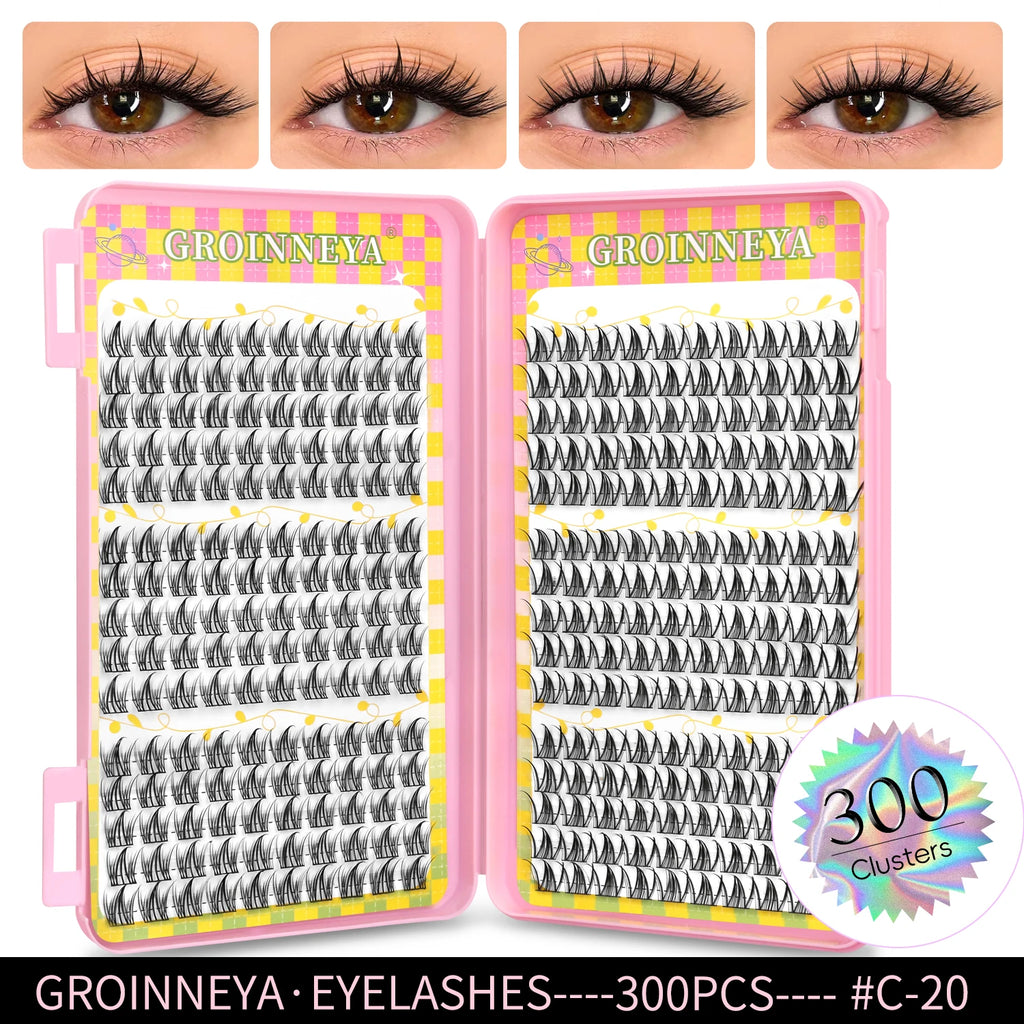 GROINNEYA Natural Cluster Lashes - 320 Pcs Volume Mixed Tray