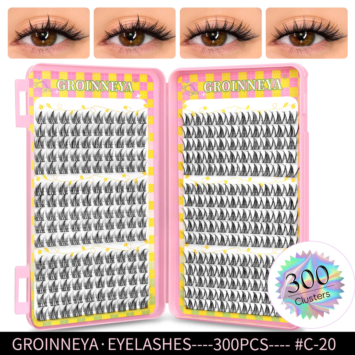 GROINNEYA Natural Cluster Lashes - 320 Pcs Volume Mixed Tray